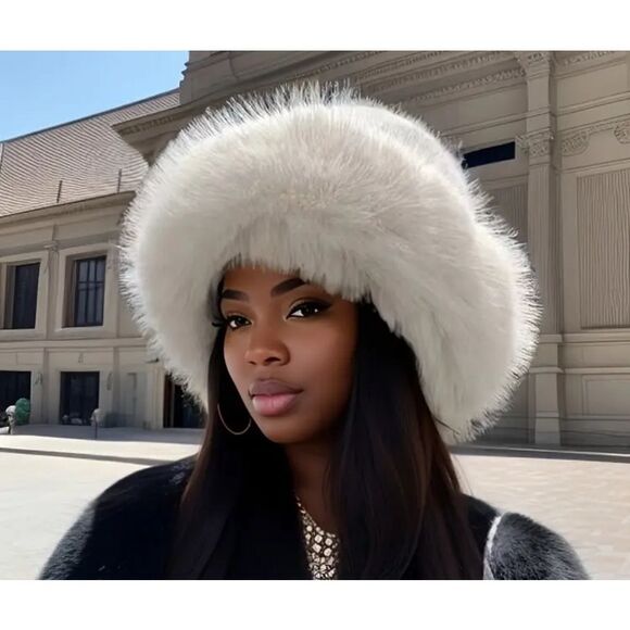 White Faux Fur Wide Brim Winter Hat - Picture 2 of 5